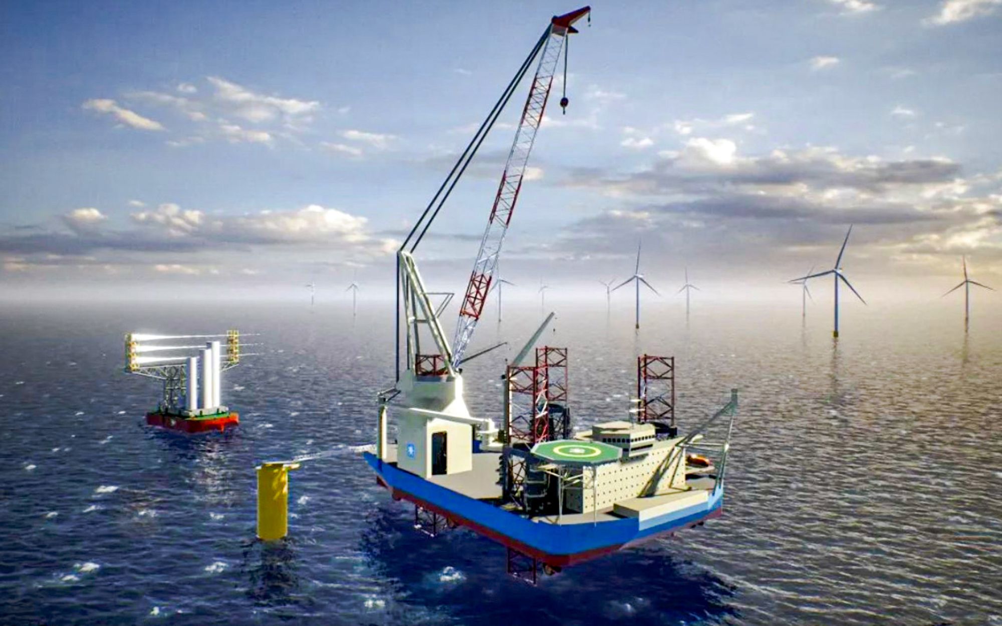 WIV-konseptet fra Maersk, der et spesialfartøy på 145 ganger 83 meter skulle stå for installasjonen av 15 MW vindturbiner i Empire Wind 1-parken.