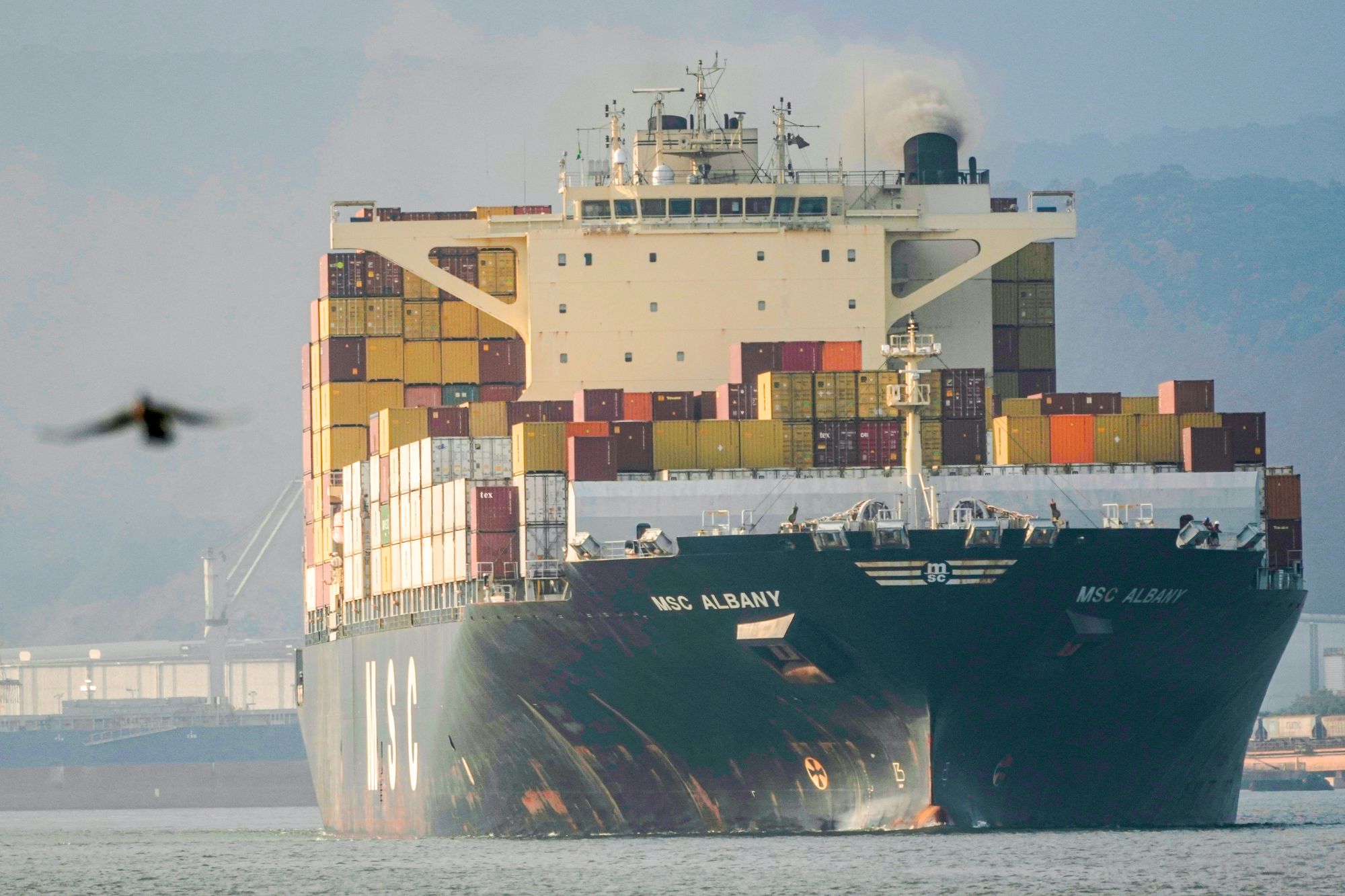 Et konteinerskip ved havnen i Santos i Brasil.