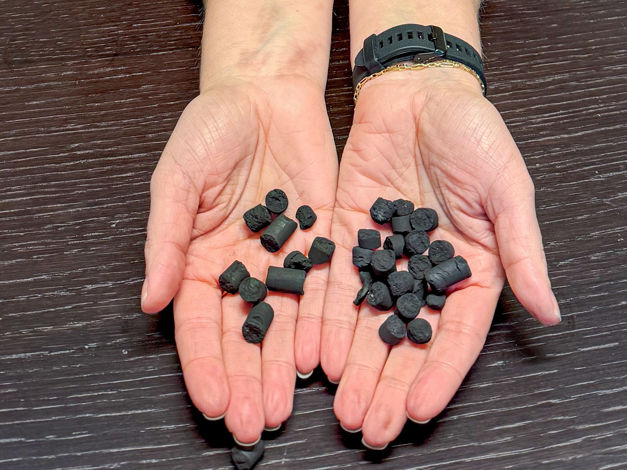 Hør podkasten med administrerende direktør Cecilie Jonassen i Arbion Industries – som lager kull fra skogsavfall. Her med pellets i hendene.