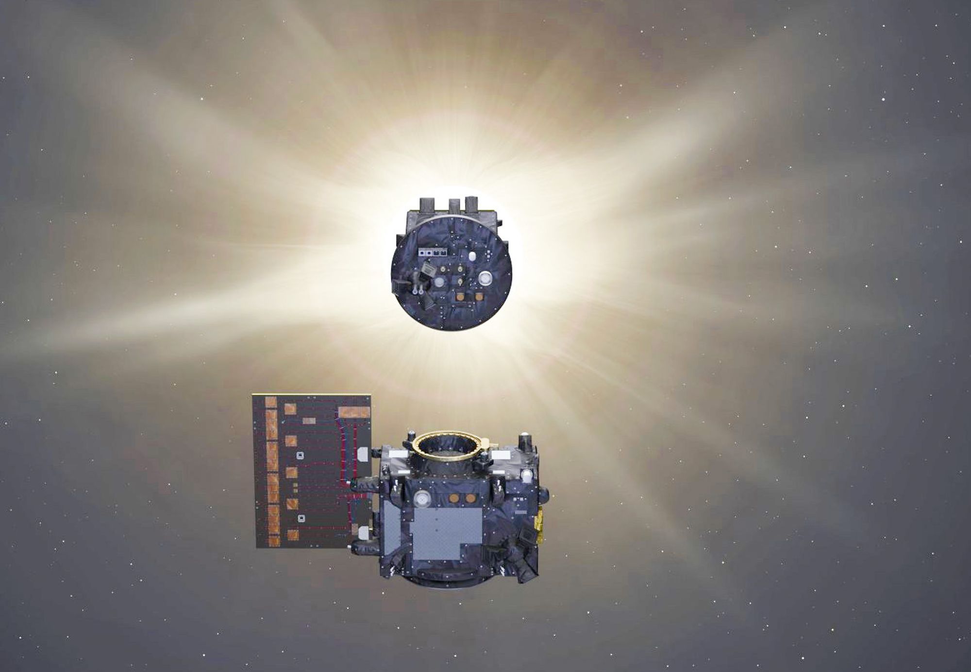 Denne illustrasjonen fra ESA viser hvordan satellitten Occulter (øverst) skaper en «kunstig solformørkelse», slik at partnersatellitten Coronagraph kan ta bilder av solens korona. Under opptakene låser de to satellittene seg autonomt til hverandre i noen timer ved hjelp av danskutviklet navigasjonsutstyr. Satellittene går i bane rundt jorden med en omløpstid på 19,7 timer og observerer solen når de befinner seg omtrent 60.530 kilometer fra jorden. Når de er nærmest oss, er de 600 kilometer over jordoverflaten. For å spare drivstoff posisjonerer de seg presist i forhold til hverandre kun under observasjonene av solen.  