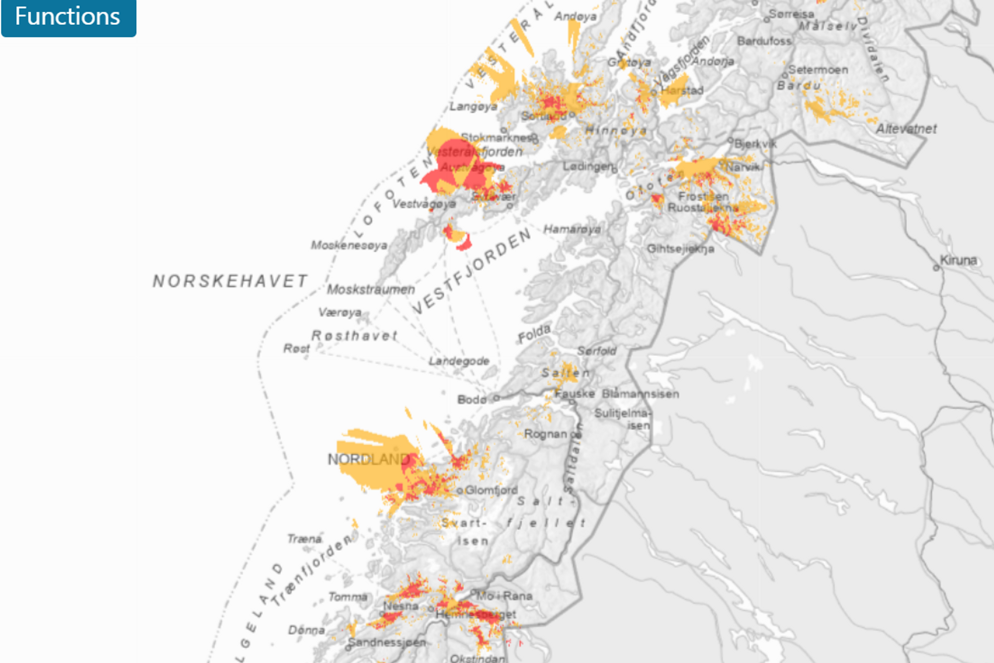 Mobildekningen i Nordland ble hardt rammet av stormen i helga, og fremdeles er ikke alle feil utbedret. De røde områdene er steder uten Telenor-mobildekning litt over klokka 15 mandag ettermiddag. De gule områdene har redusert kapasitet.