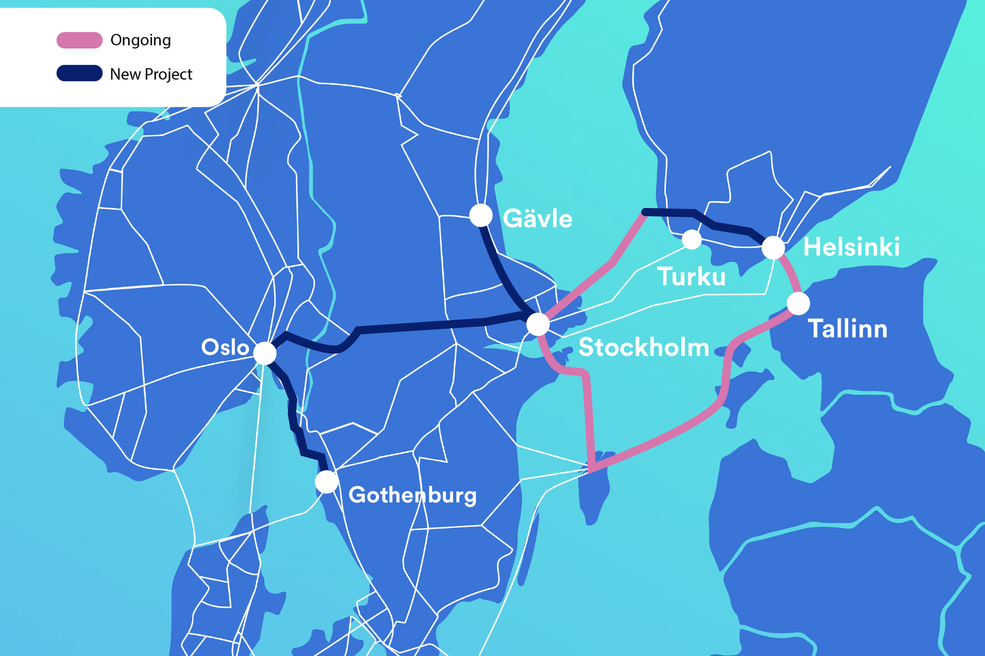 Slik tegner Global Connect sitt kart over fibernettet mellom Norge, Sverige og Finland, som de nå holder på å oppgradere. De mørke linjene viser nye forbindelser.