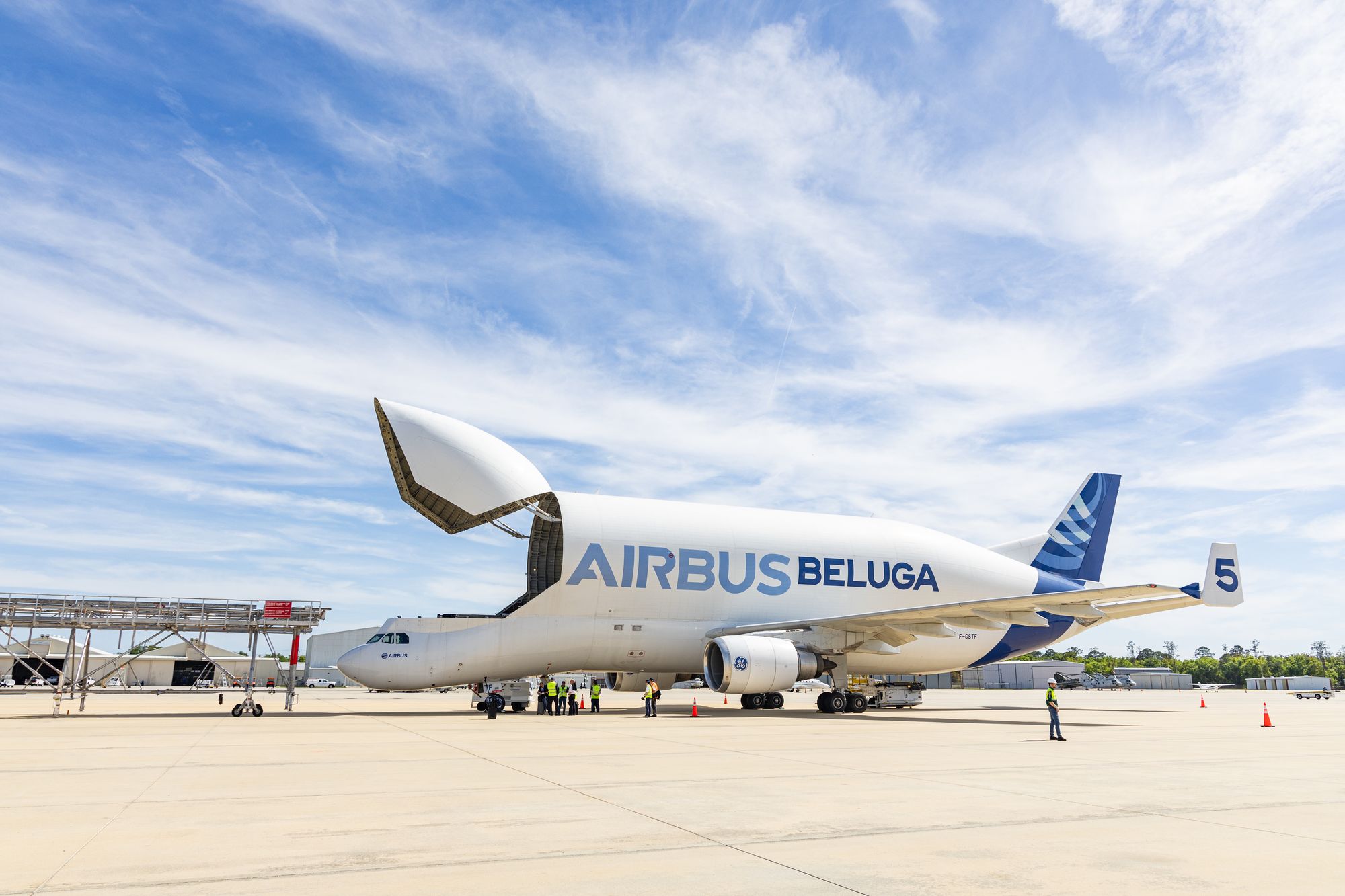 Airbus BelugaST har utvilsomt et oppsiktsvekkende utseende. Her under et besøk i USA. 