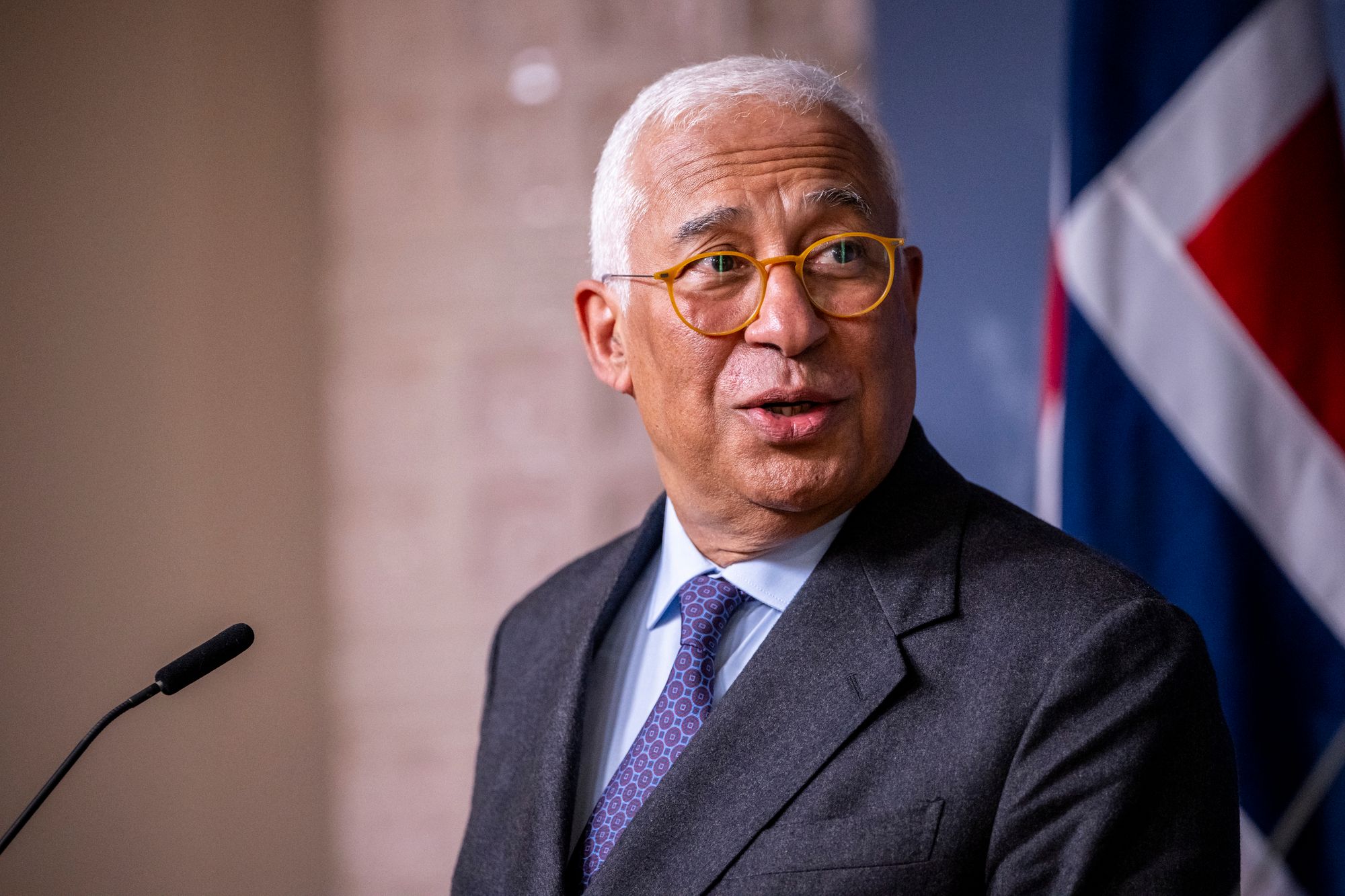 Pressekonferanse med EU-president Antonio Costa etter møtet i regjeringens representasjonsanlegg torsdag.
