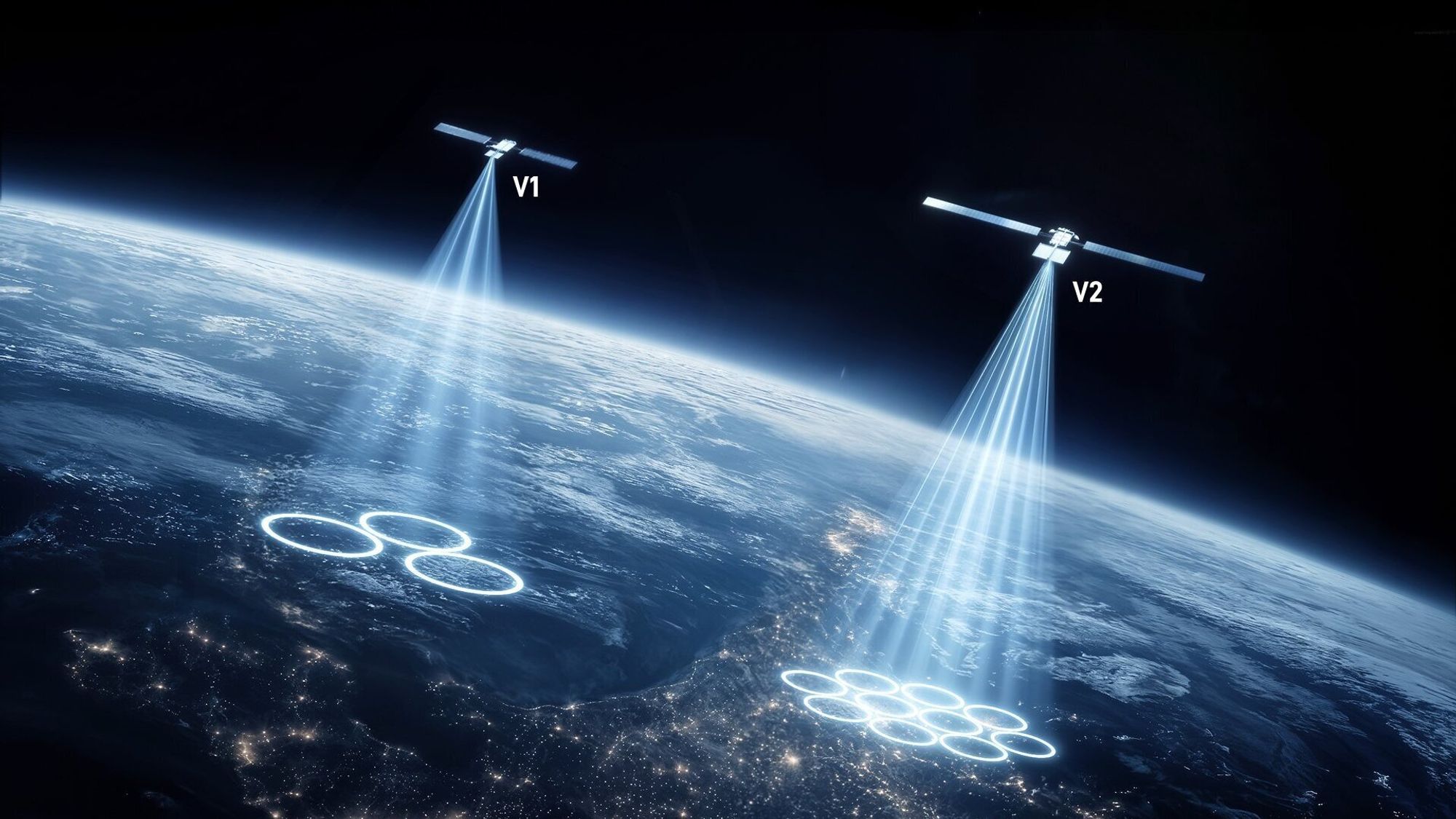 Andre generasjon Starlink Mobile får langt bedre antenner, og høyere hastigheter og datatetthet, som dette bildet illustrerer.