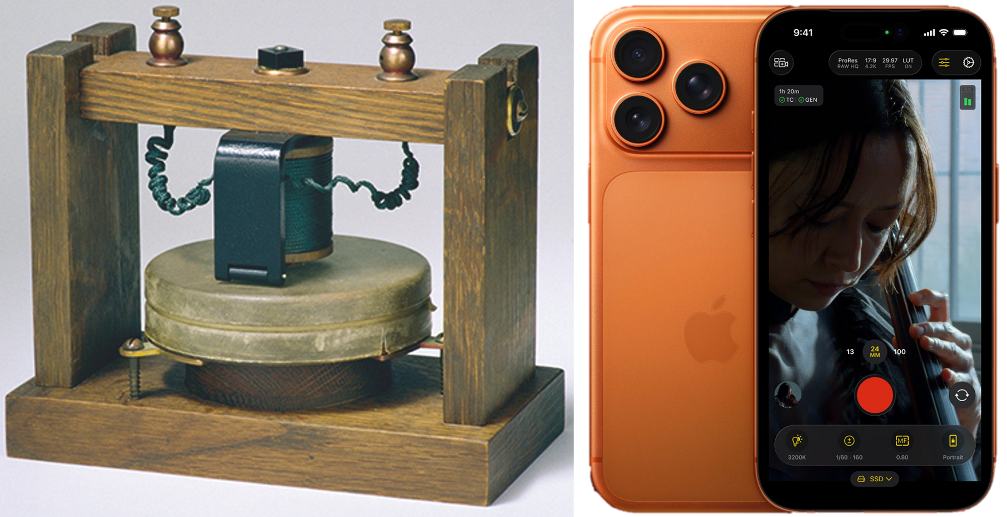 Alexander Graham Bell var først med å ta patent på et apparat som muliggjorde samtaler over distanse mellom personer. Hans prototyp fra 1876 (her vist opp ned) brukte ikke elektrisitet og hadde svært begrenset rekkevidde.