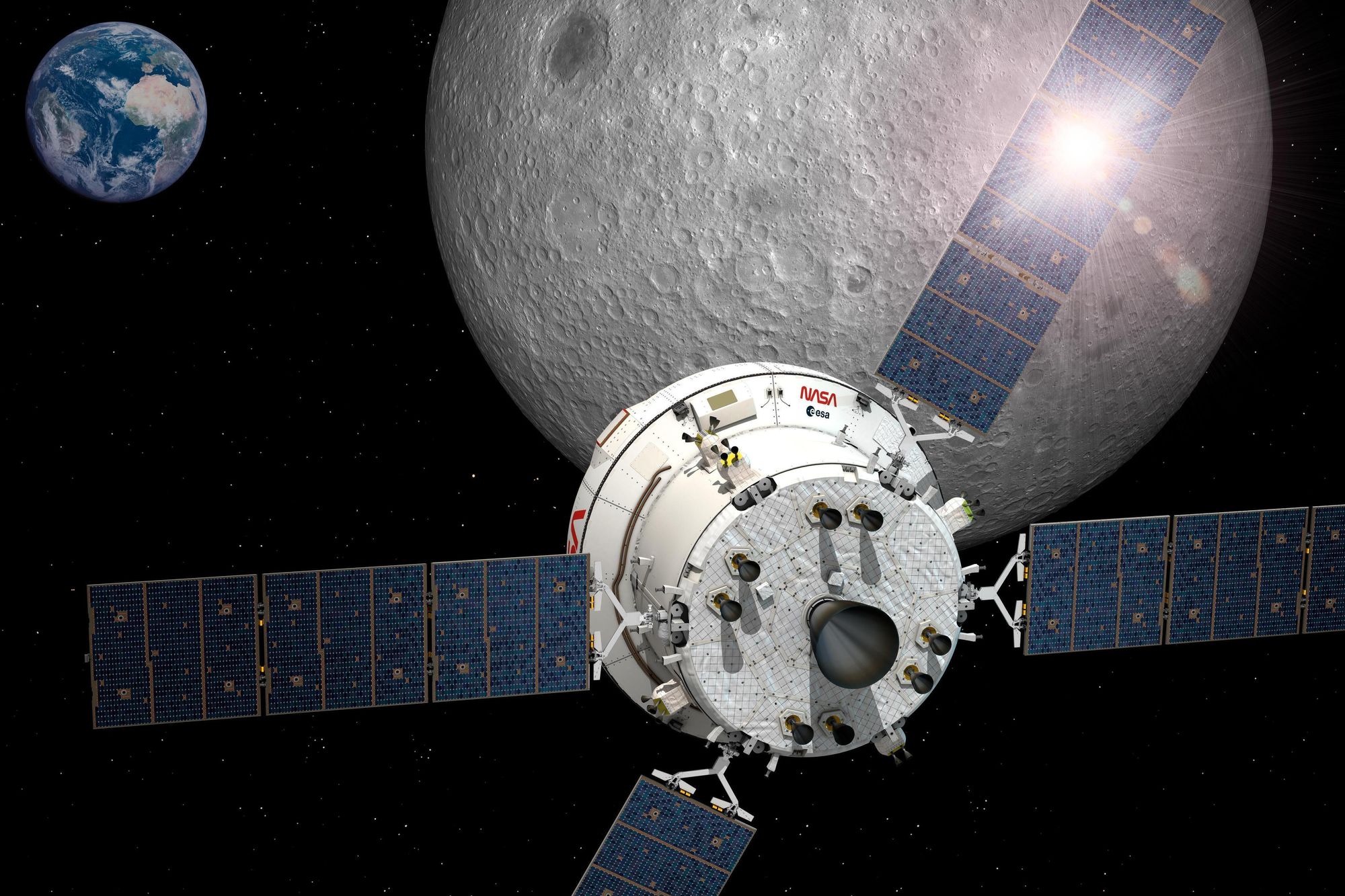 Store deler av romfartøyet Orion, som nå er på vei tilbake til Jorden, er lagd i Europa. På denne tegningen ser man servicemodulen ESM med de 33 små og store motorene og logoen til Den europeiske romfartsorganisasjonen ESA.