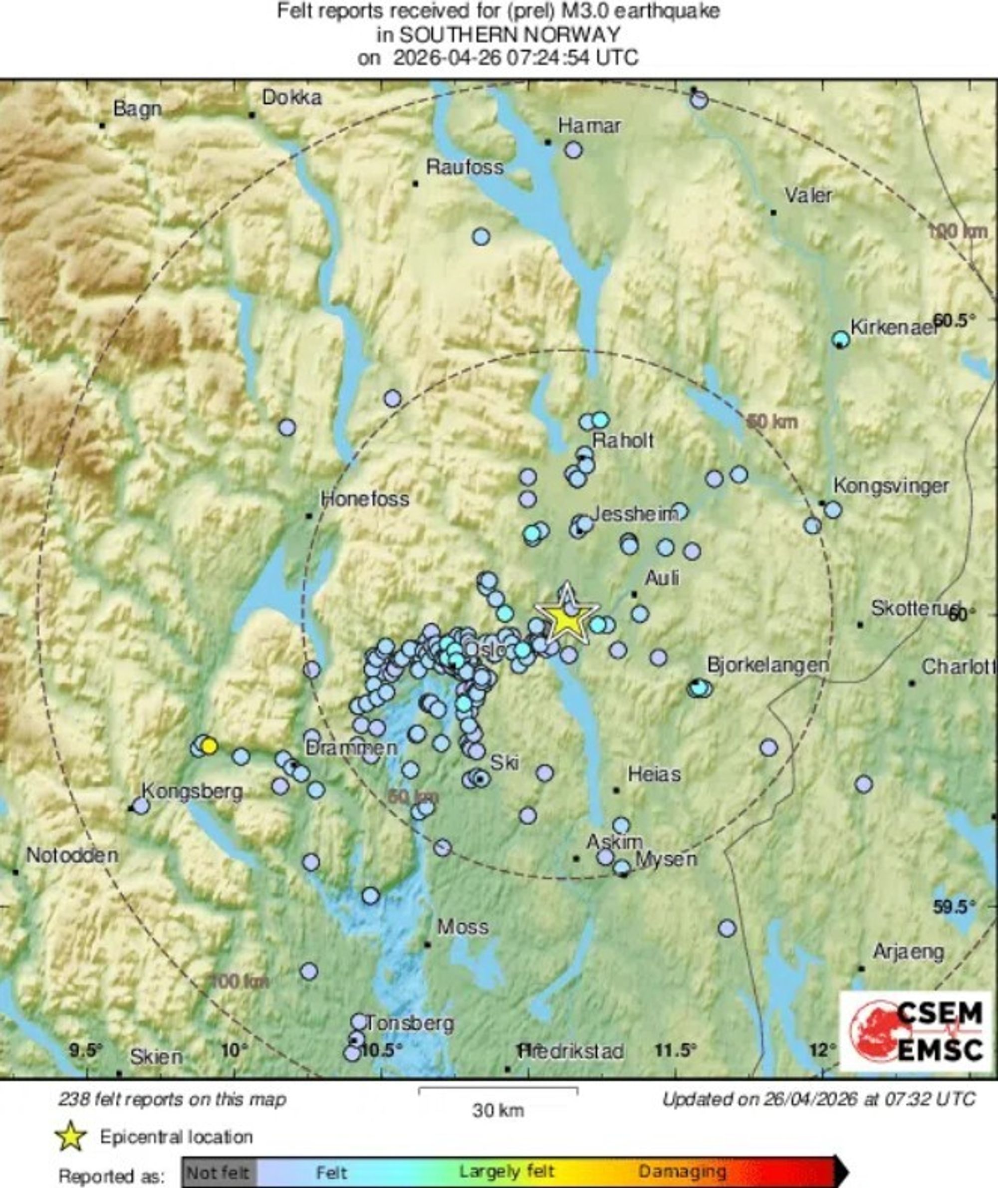 Her er områdene som er rammet, ifølge EUs jordskjelvtjeneste.