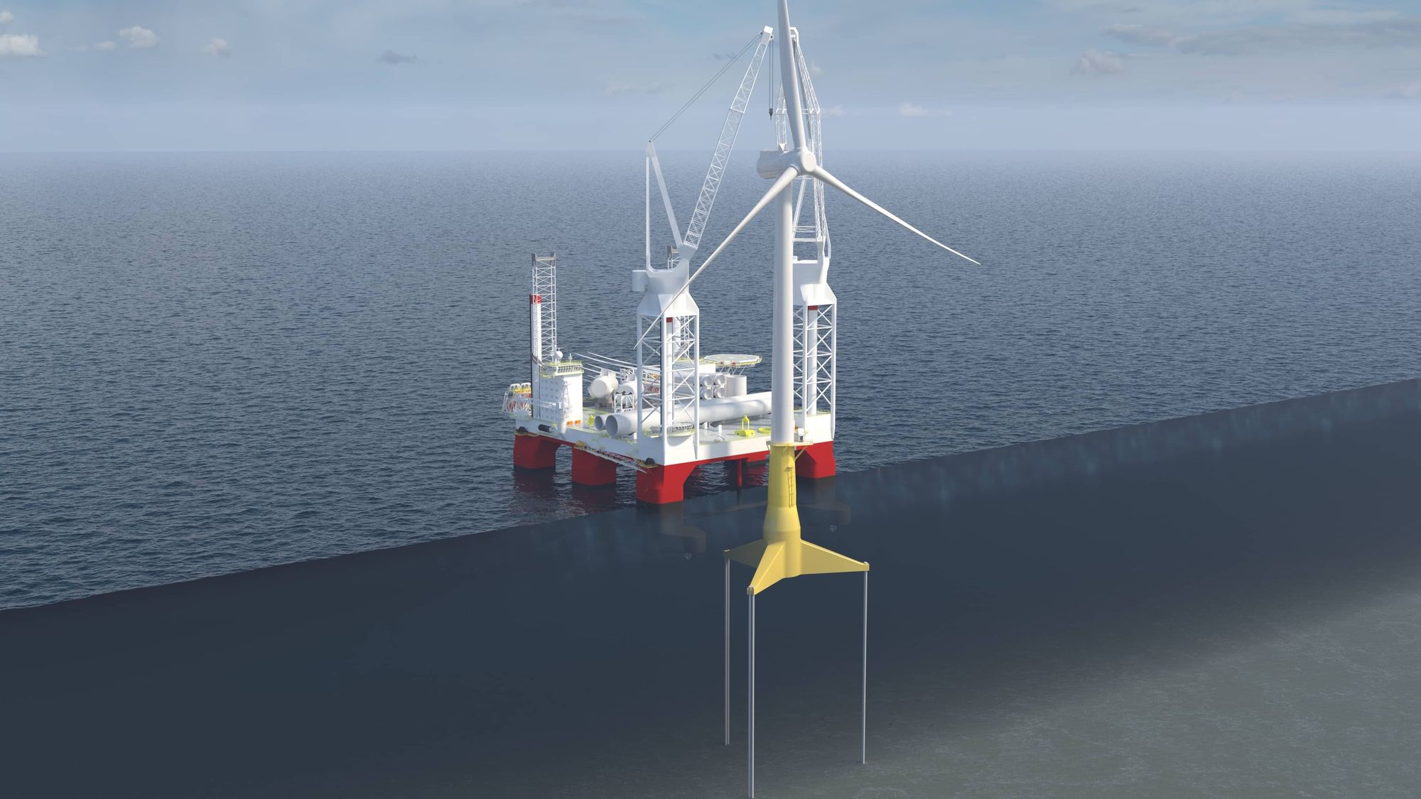 Illustrasjon av Ocean Wind Services' installasjonsfartøy «Semi Sumbersible Crane Vessel», eller SSCV.