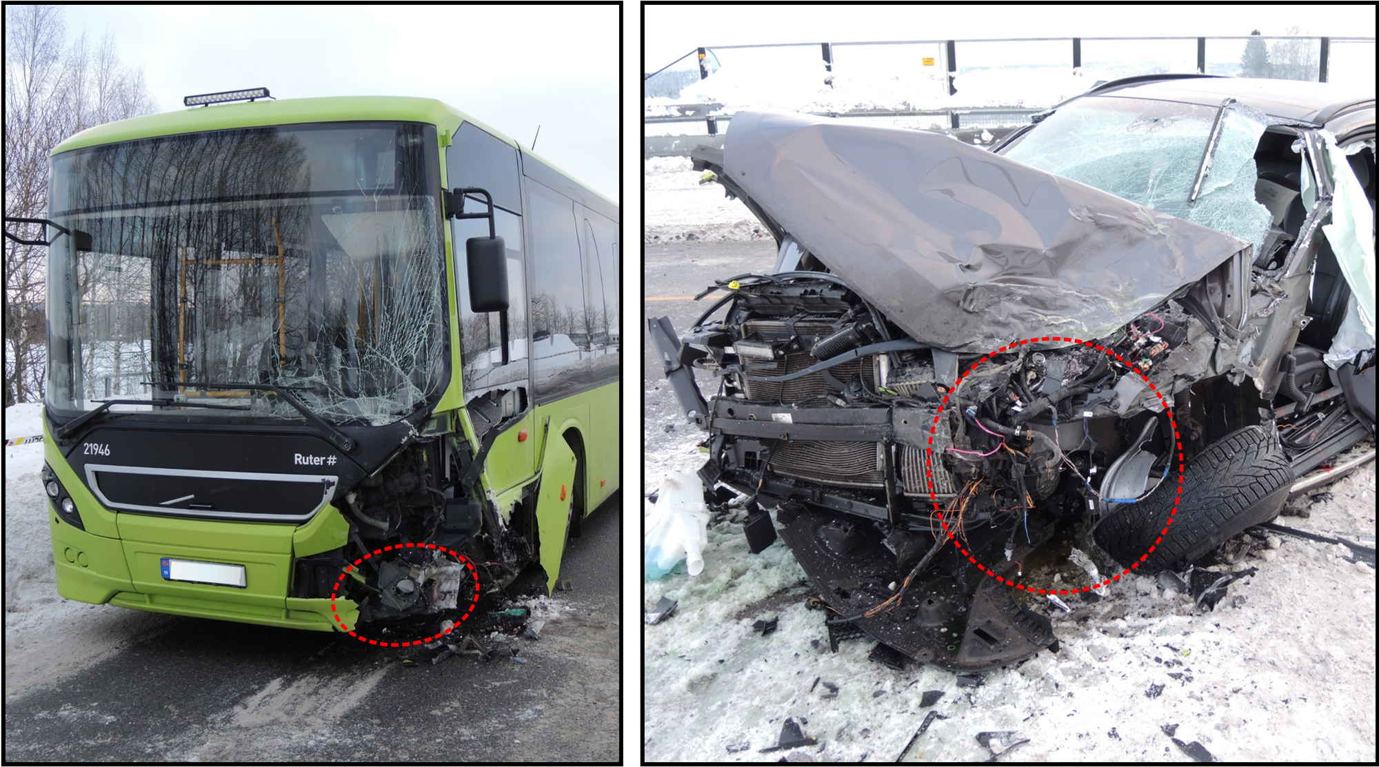Bildene viser en hjørne-mot-hjørne kollisjon mellom buss og personbil på Eidsvoll i 2024. Personbilfører ble alvorlig skadet mens bussfører fikk lettere skader.