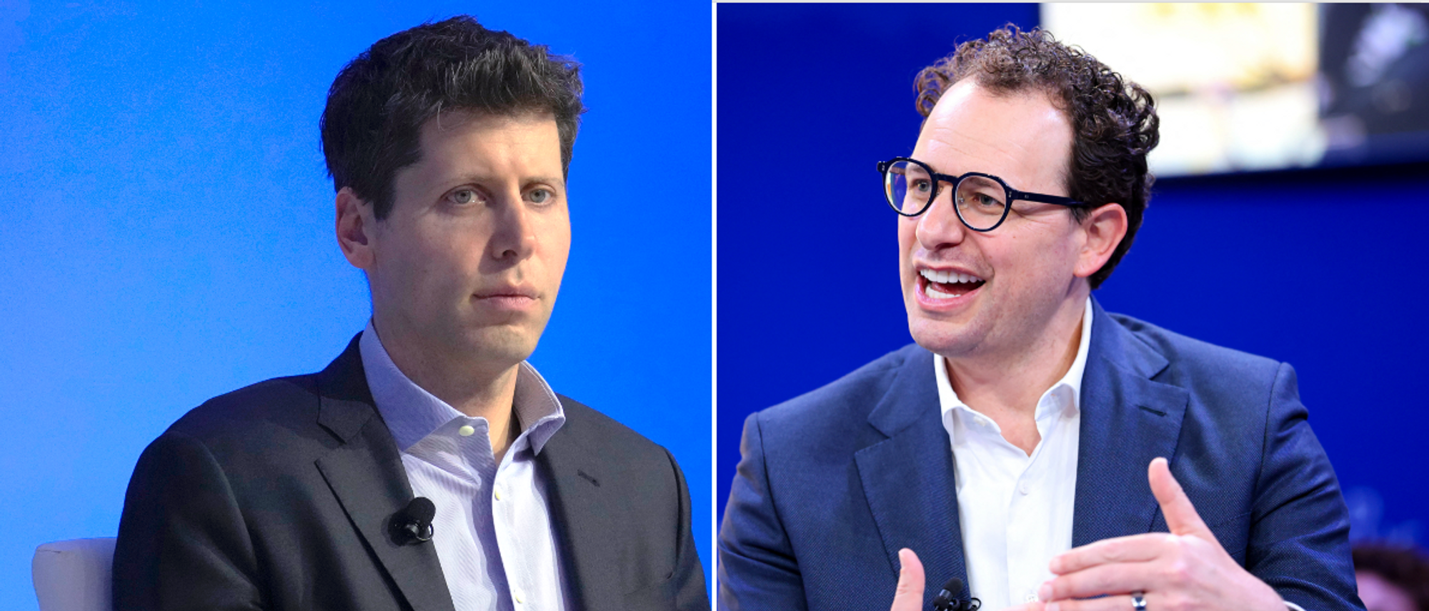 Open Ai-sjef Sam Altman (t.v.) og Dario Amodei, som leder Anthropic, kniver om investorer, verdifastsettelse og børsnotering.