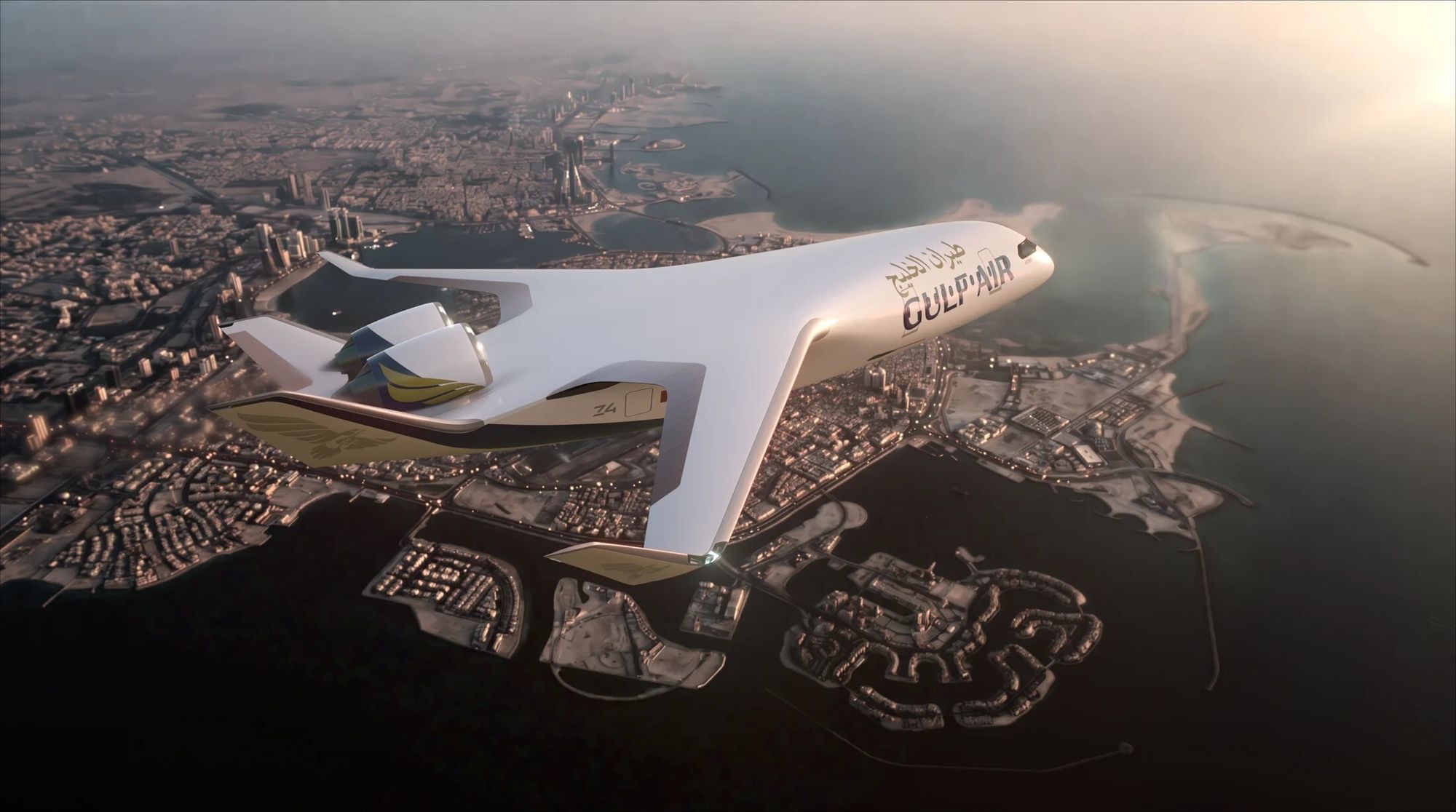 Et Jet Zero Z4-fly med logoen til Gulf Air flyr over Bahrain i denne illustrasjonen.